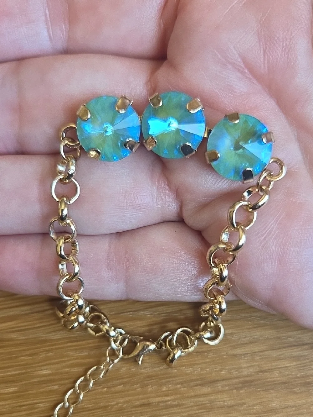 Blue / Green Sparkly Crystals Gold Rolo Chain Bracelet - Hand Crafted